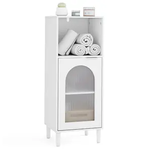COSTWAY - Bathroom Floor Cabinet Wood Side Storage Organizer with Adjustable Shelf-White