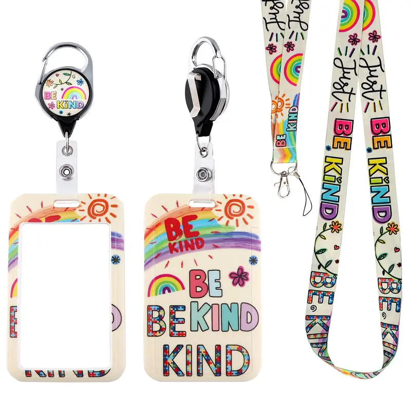 Cute Be Kind Lanyard with Badge Holder and Retractable Reel Clip Kids Autism Rainbow Lanyards ID Name Card Holder for Keys Girls Women Teacher Lanyard for Work School Office