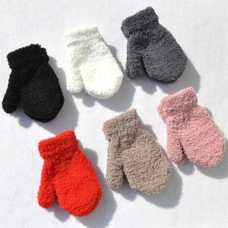 Kids' Casual Knitted Solid Winter Mittens Pair, Thick Plush-Lined Hand Warmers for Boys & Girls (Ages 5-11Y, 13cm), Simple Shape, Everyday Use, 1 Pair