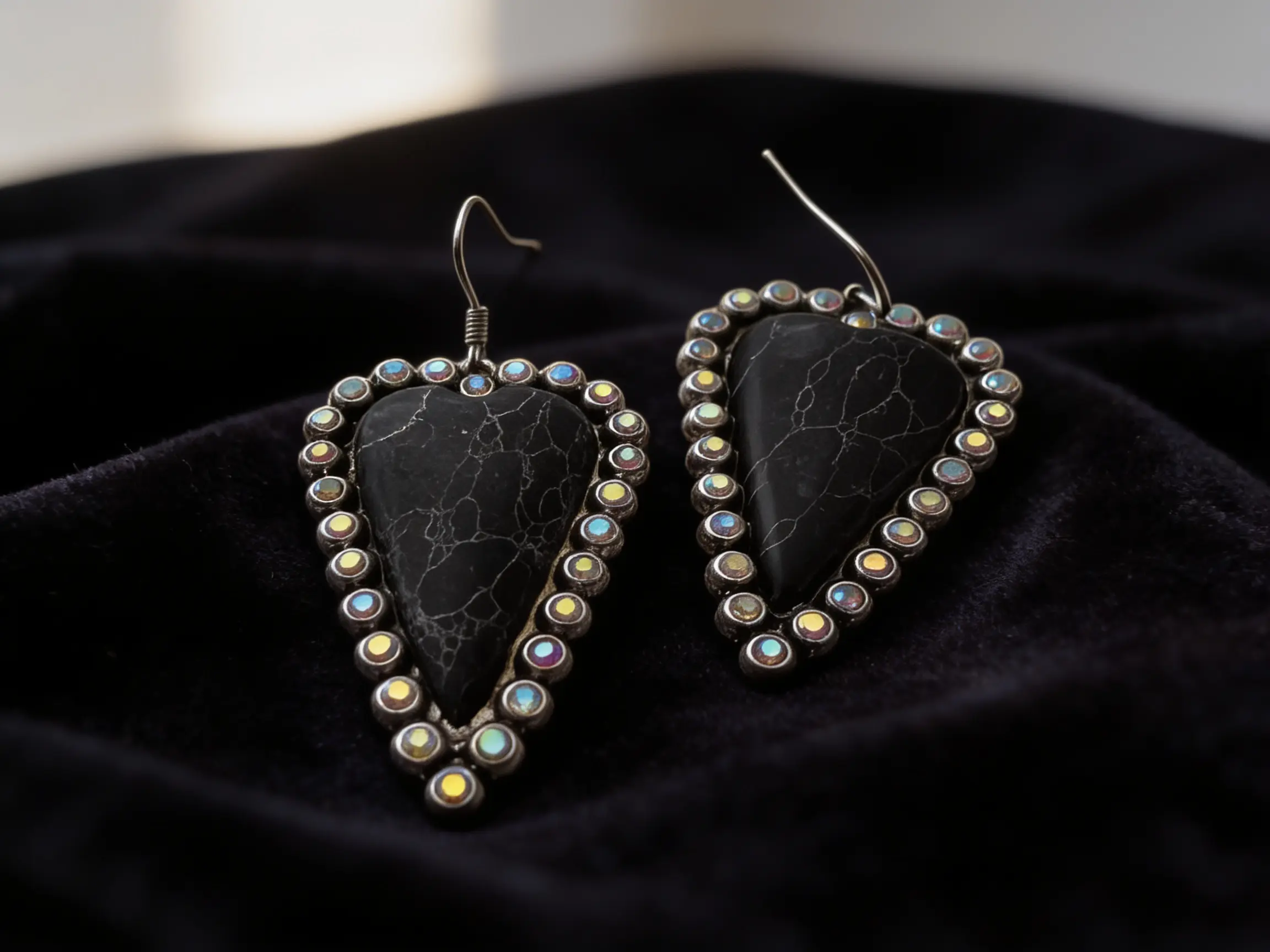 Artificial Zirconia Heart-Shaped Dangle Earrings - Black Stone, Multicolored Gems Embellished, Ideal for Casual Stylish Looks