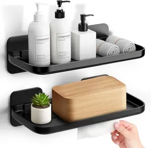 2 Pack Adhesive Shelves No Drill Small Floating Shelf for Wall Storage Damage-Free Wall Mounted Organizer for Bathroom, Kitchen, Bedroom & Office (Black)