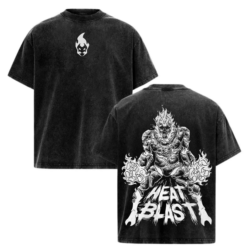 Ben Ten Heatblast Vintage Tee Oversized Washed Streetwear Shirt with 2000s Cartoon Graphic Fire Alien Design for Classic Animation Fans Cotton Menswear
