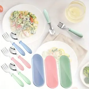 9 Pieces Beginner Utensils,Stainless Steel Fork and Spoon Safe Set,Youngers Safe Utensils Set with Round Handle for LunchBox Bowl Cutlery