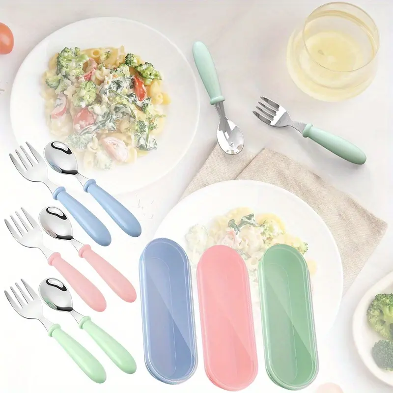 9 Pieces Beginner Utensils,Stainless Steel Fork and Spoon Safe Set,Youngers Safe Utensils Set with Round Handle for LunchBox Bowl Cutlery
