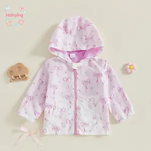 Toddler Girls Jacket Bowknot Print Zipper-Up Hooded, Long Sleeve Coat Fall Kids Clothes Outerwear, Casual Baby Girls Jacket
