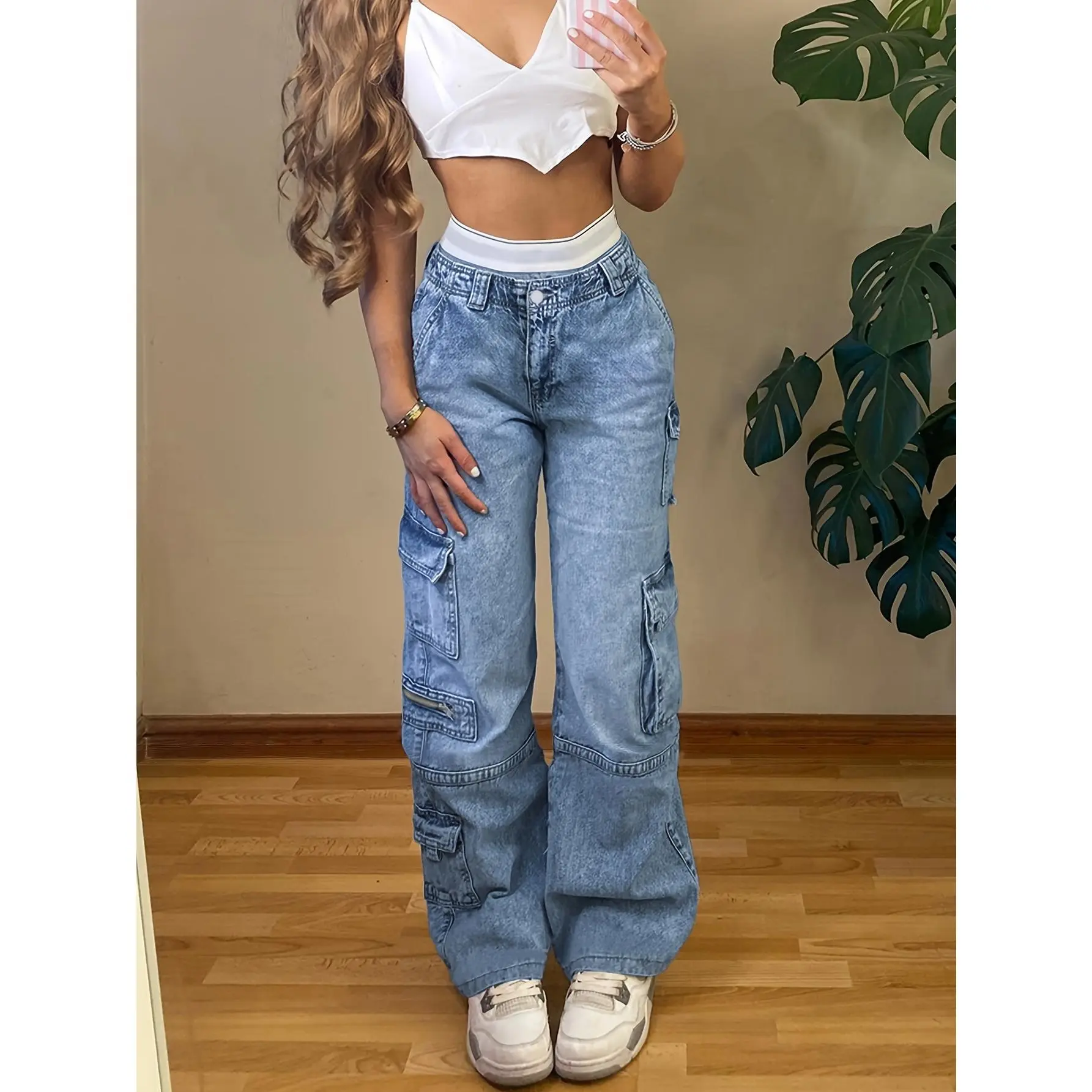 Blue Flap Pockets Cargo Pants, Loose Fit Non-Stretch Y2K & Kpop Style Straight Jeans, Women's Jeans & Clothing