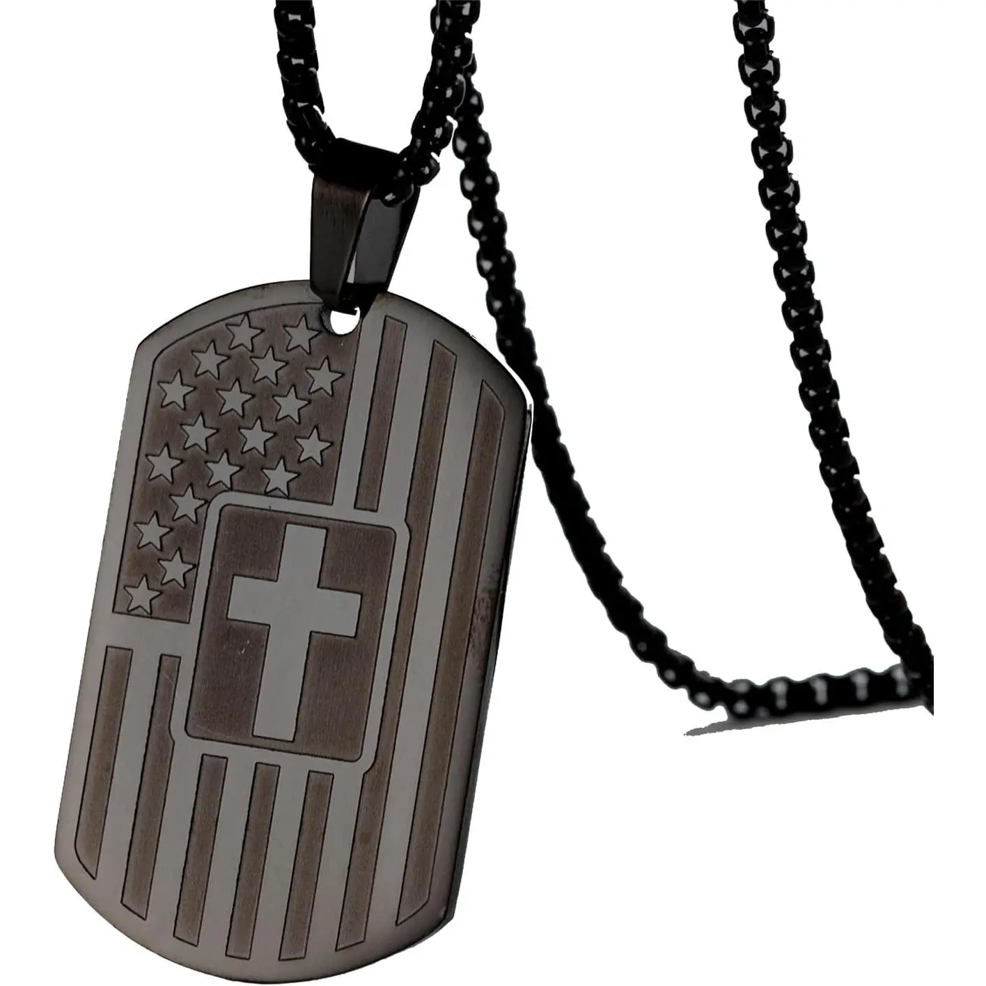 Cross Tag Necklace for Men with  Flag  Verse Joshua 1:9 Black  Tone Stainless Steel Christian Pendant Necklace Box Chain