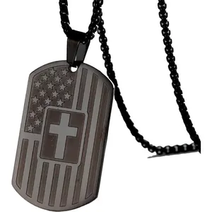 Cross Tag Necklace for Men with  Flag  Verse Joshua 1:9 Black  Tone Stainless Steel Christian Pendant Necklace Box Chain