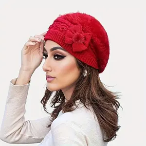 2026 Bow Decor Plush Beret  – Women's Windproof Lightweight Knitted Winter  with Ear Guard, Soft Warm Outdoor Headwear for Fall, Skiing, Hiking, and Daily Casual Wear adjustable hat Knit Heart design beanie wool western newsboy unisex style Black Flatbill
