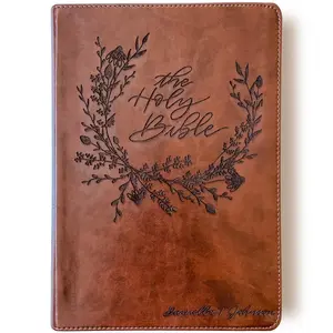 Personalized ESV Wide Margin Bible - Brown - Holy Bible Inside Floral Wreath - Hand Lettered and Engraved