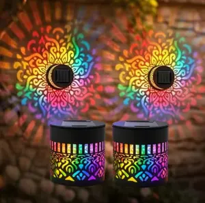 Solar Mandala Projection Wall Lights, Colorful Changing Waterproof Metal Decorative Fence Lights, Outdoor Landscape Lighting for Yard, Garden, Post, Patio and Backyard Decor
