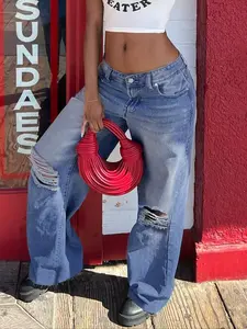 GILIPUR Kpop style high-waisted ripped jeans, loose-fitting street style trousers, zip closure, with pockets, suitable for all seasons, fashionable women's style.