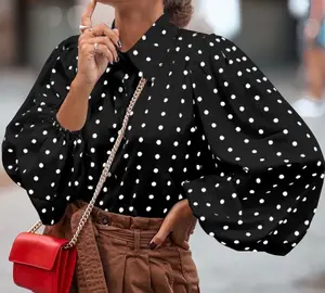 Women's Polka Dot Shirt Print Blouse Black and White Shirt Oversized Top Lantern Blouse Loose Button Balloon Sleeve Bell Big Puff Top Casual Comfort Fit Long Sleeve Womenswear Chic Elegant Everyday Jeans