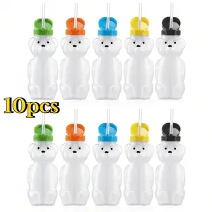10pcs mixed color cute teddy bear shaped plastic juice bottles with straw caps, suitable for party supplies, birthday decorations, gift party snacks, classroom rewards, portable water bottles, outdoor camping water bottles