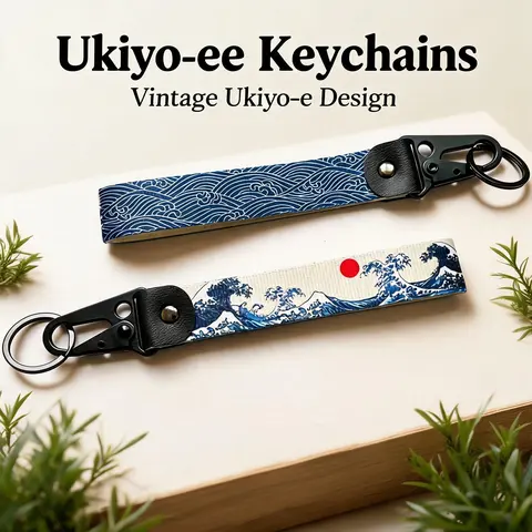 Hokkaido Graphic Wave Print Keychain - Casual Unisex Adults' Fashion Accessory, Car Key Ring, Vehicle Use Purse Key Holder