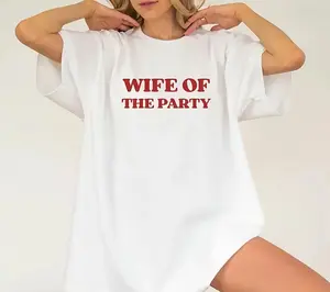 Unisex Wife Of The Party Red Vintage Varsity Text Graphic T-Shirt, Vintage Printed Craft SummerVibes Casual Top, Bachelorette Bridal Party Simple Bold Slogan Tee For Men Women, Lightweight Wedding Celebration Fun Summer Daily Outfit