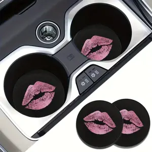 Lips Print Pattern Car Coasters, Round Anti-slip Car Cup Holder Mat, Car Interior Decoration Accessories for Women, Car Trinkets, Car Interior Decorative