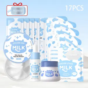 Laikou Milk Skincare Set ,Scrub 90g, Essence 17ML, Moisturizer 55g, Hydrating Lip Masks 6gx3, Sleep Masks 3gx5, Mud Masks 5gx5, Makeup Bag