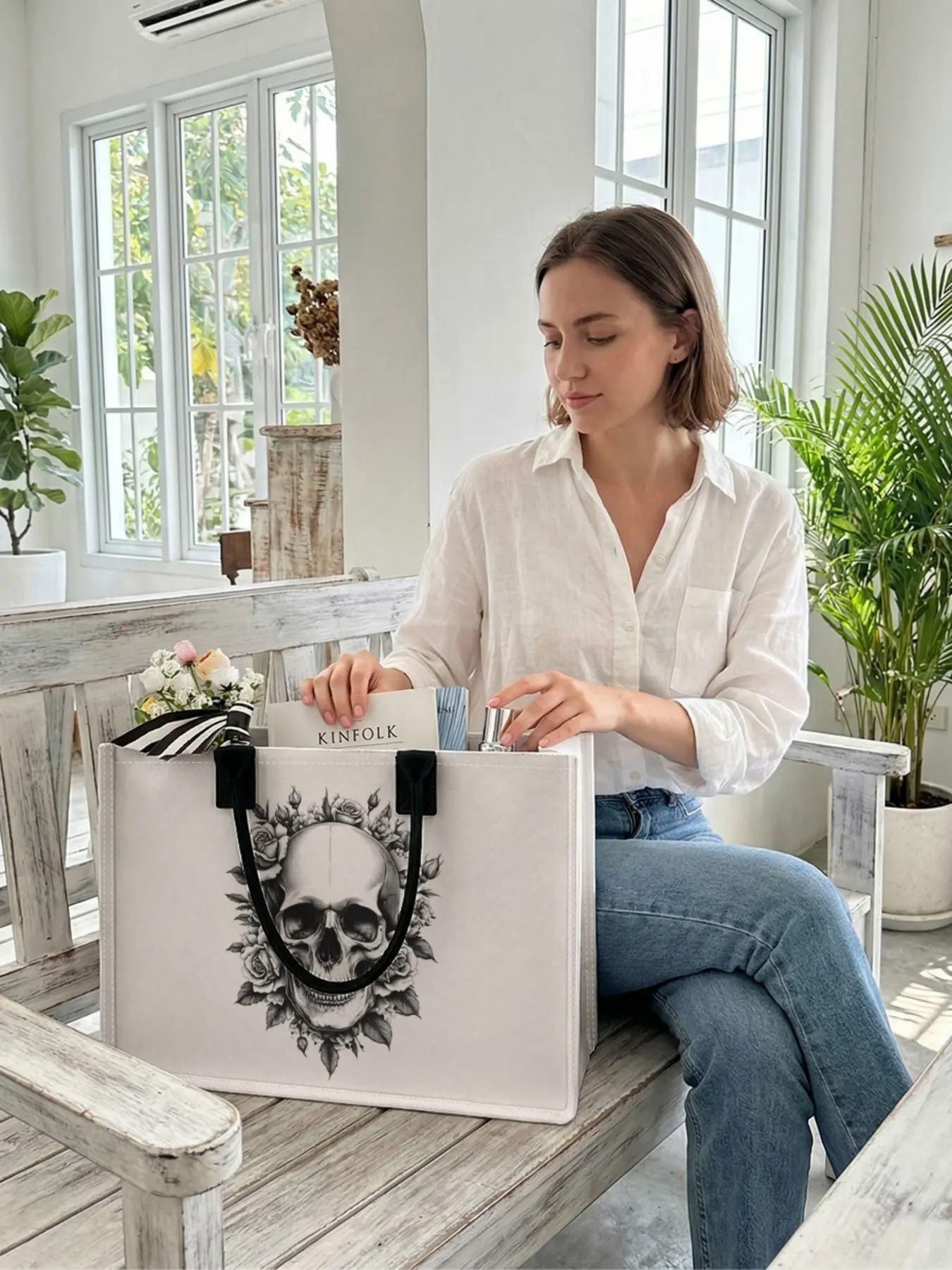 1 piece of skull rose pattern 2D printed large-capacity storage bag, extra large storage bag, sturdy handle, space-saving and versatile, suitable for use at school, on business trips, and shopping, Tote Bag, Durable Shopping Totes