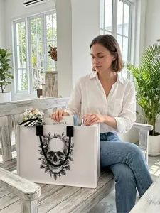 1 piece of skull rose pattern 2D printed large-capacity storage bag, extra large storage bag, sturdy handle, space-saving and versatile, suitable for use at school, on business trips, and shopping, Tote Bag