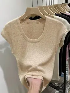 Elegant Spring/fall Women's Vest, Solid Color, Crew Neck, Short Sleeve, Business Casual, Fashionable Retro Style, Perfect for Holidays