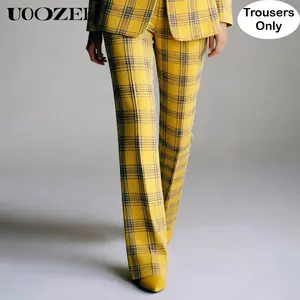 UOOZEE Women's Fashionable Year-Round Plaid Wide-Leg Pants (Trousers Only), Loose High-Waisted Wide Leg Contrast Color Elasticity Pockets Pants Trousers, Perfect for Office Days, Business Lunches & Smart-Casual Outings