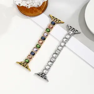 Apple Watch Gemstone Bracelet Band – Elastic Stretch Beaded Design with Metal Details, Fits 38–49mm, Elegant Jewelry Strap for Women