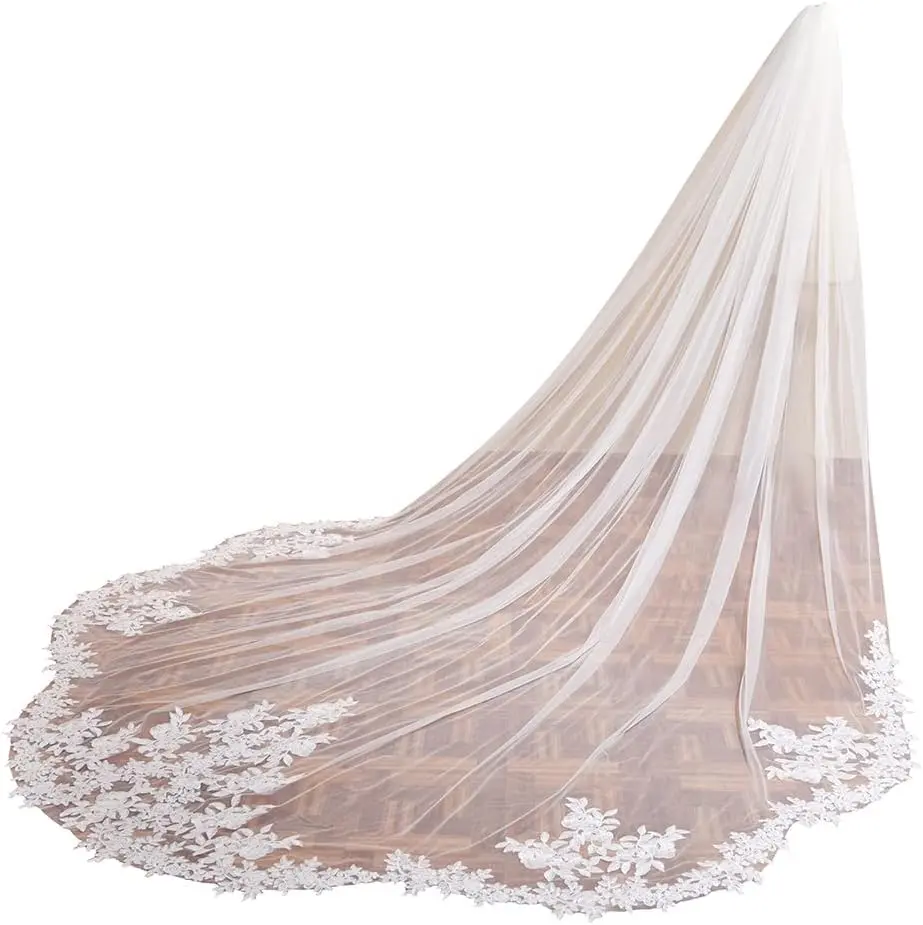 Long Cathedral Length 1 Tier Lace Wedding Bridal Veil Wedding Veil, Applique Veil with Sequin, Champagne Tulle Veil, Cathedral Veil, Chapel Veil  Bridal Lace Veil, Elegant Bridal Veil