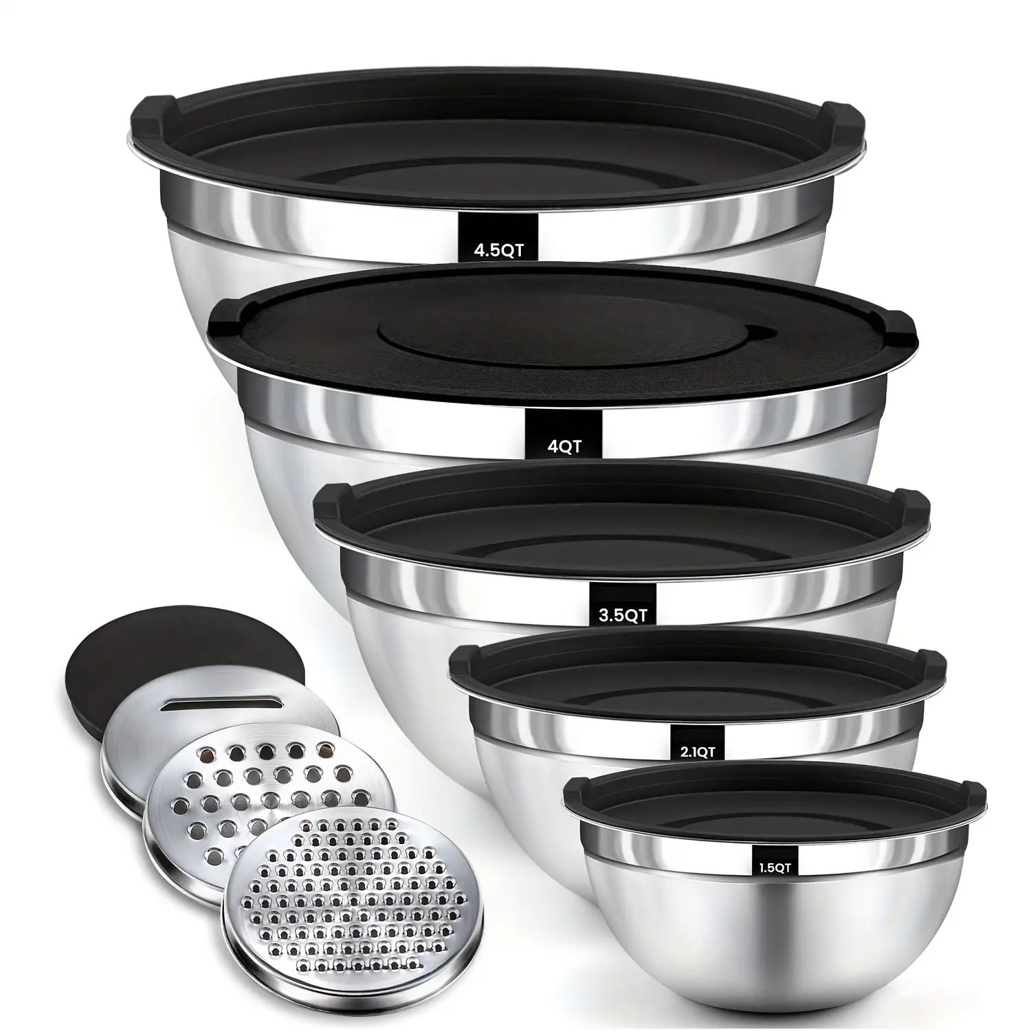 5 pcs Stainless Steel Mixing Bowls With Lids, 3 Grater Attachments, Stackable Mixing Bowls For Salad, Fruit, Pasta & Baking, Outdoor Safe, Round Shape, Novelty Kitchen Cooking Tools,Size 1.5/2.1/3.5/4/4.5 QT
