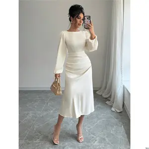 Autumn Spring Lantern Elegant Rafferiza Solid Color Sleeve Dress