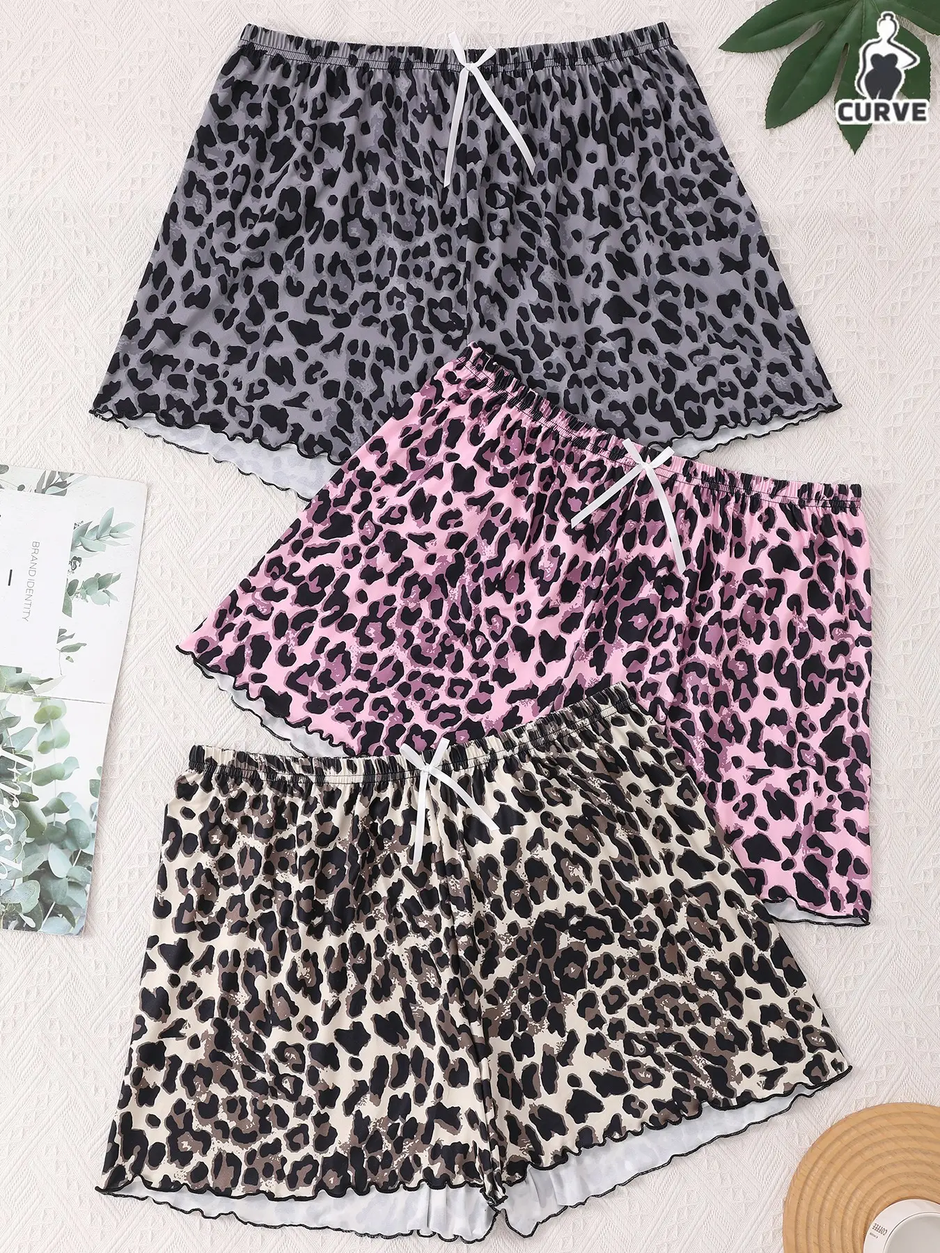 Women's Plus Size Knitted Sleepwear Set, Leopard Print Shorts, Loose-Fitting Home Wear Loungewear, All Season Casual, Pajama Set, Sleepwear Pajamas Set, Loungewear Pjs Set