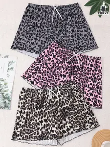 Women's Plus Size Knitted Sleepwear Set, Leopard Print Shorts, Loose-Fitting Home Wear, All Season Casual, Pajama Set