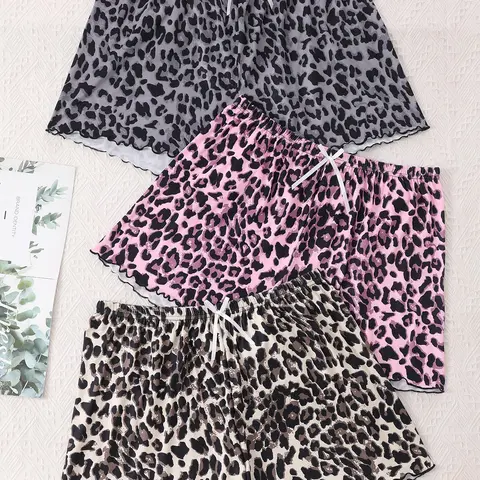Women's Plus Size Knitted Sleepwear Set, Leopard Print Shorts, Loose-Fitting Home Wear Loungewear, All Season Casual, Pajama Set, Sleepwear Pajamas Set, Loungewear Pjs Set