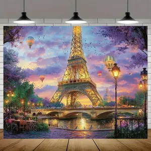 1pc Paris Night Lights Party Banner - Eiffel Tower & Balloons Design, Polyester Material, Perfect for Birthday Celebrations, Cake Table Decorations, Photo Booths, Outdoor Events, and Versatile Party Use, Festive Event Decor Ornaments White