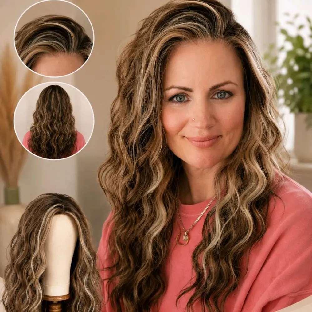 Watered Souls Foxfire Rogue C1319909K synthetic Waterwave wig.  20" synthetic wig in Foxfire Rogue.  120 density. deep burgundy brown woth creamy blonde highlights base with soft money-piece highlights framing the face