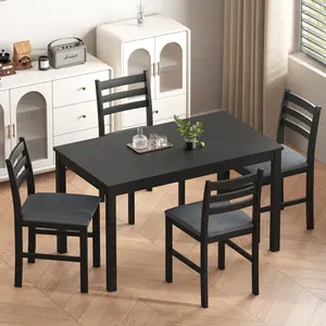 Dining Table Set for 4, Solid Wood Kitchen Table and Chairs Set of 4, 43.3” Space-Saving Mid Century Modern Dining Room Table with Upholstered Chairs, Black