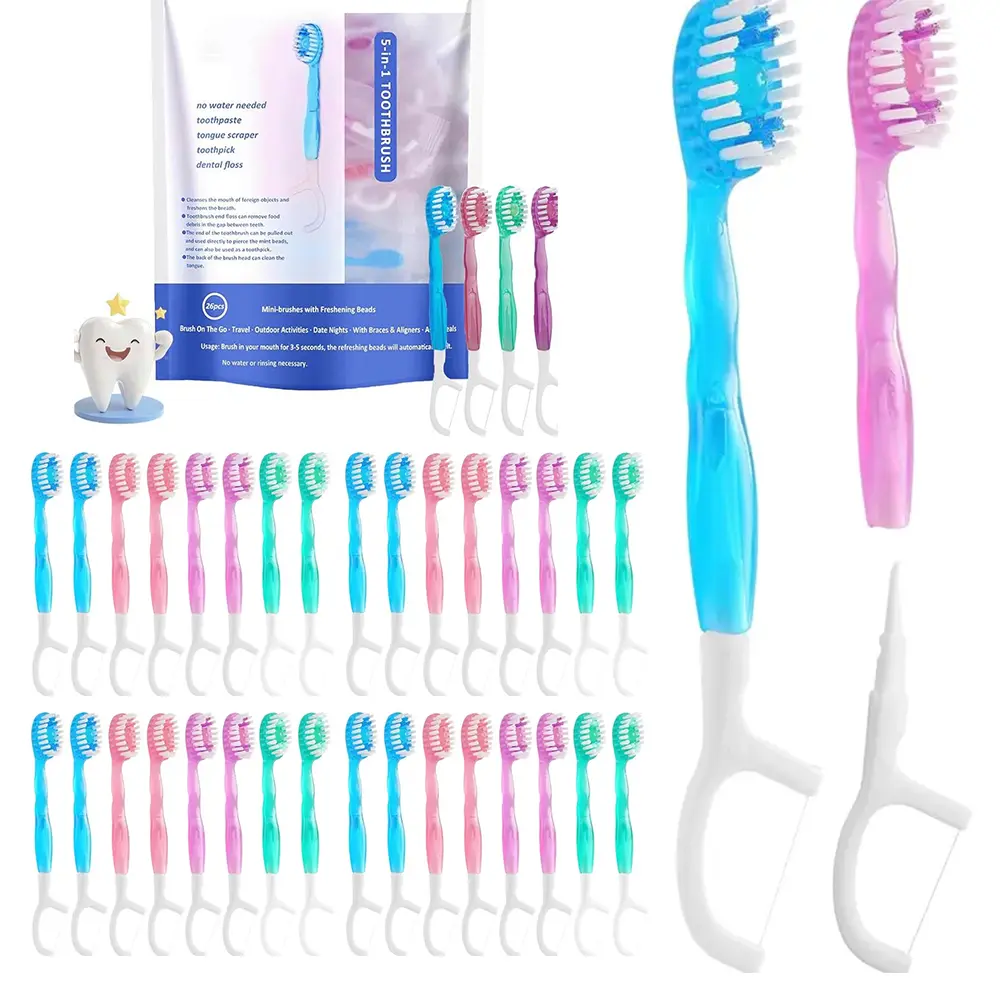 Mini Bead Toothbrushes, multifunctional disposable fresh breath portable travel set with 26 mixed-flavor brushes, no rinsing needed, suitable for outdoor travel, camping, hotels, dates, parties, and oral care