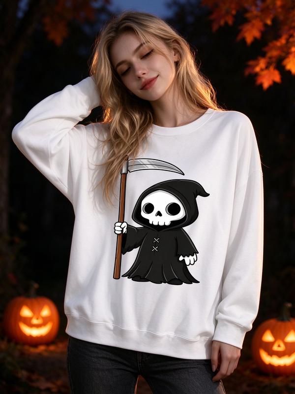Women's Cute Grim Reaper Oversized Long-Sleeve Sweatshirt - Casual, Comfortable Everyday Garment, Spooky Kawaii Goth Aesthetic Crewneck, Funny Fall Ghost Halloween Top, Gift for Women