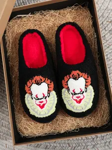 Horror Clown Embroidered Plush Slippers, Soft Comfortable Home Shoes for Men & Women, Perfect Halloween Gift, All Seasons Wear