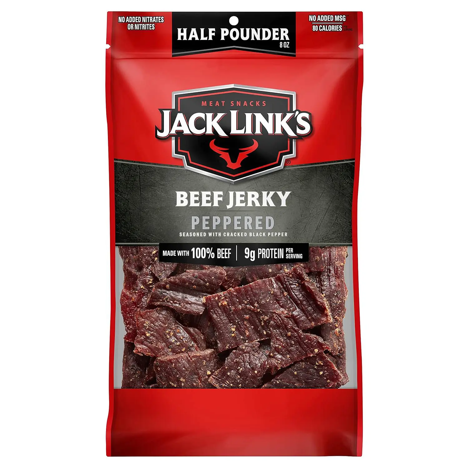 Jack Link's Peppered Beef Jerky, 1/2 lb – 9g protein, 80 cal, 96% fat-free, no added MSG, nitrates/nitrites. Snack Salt