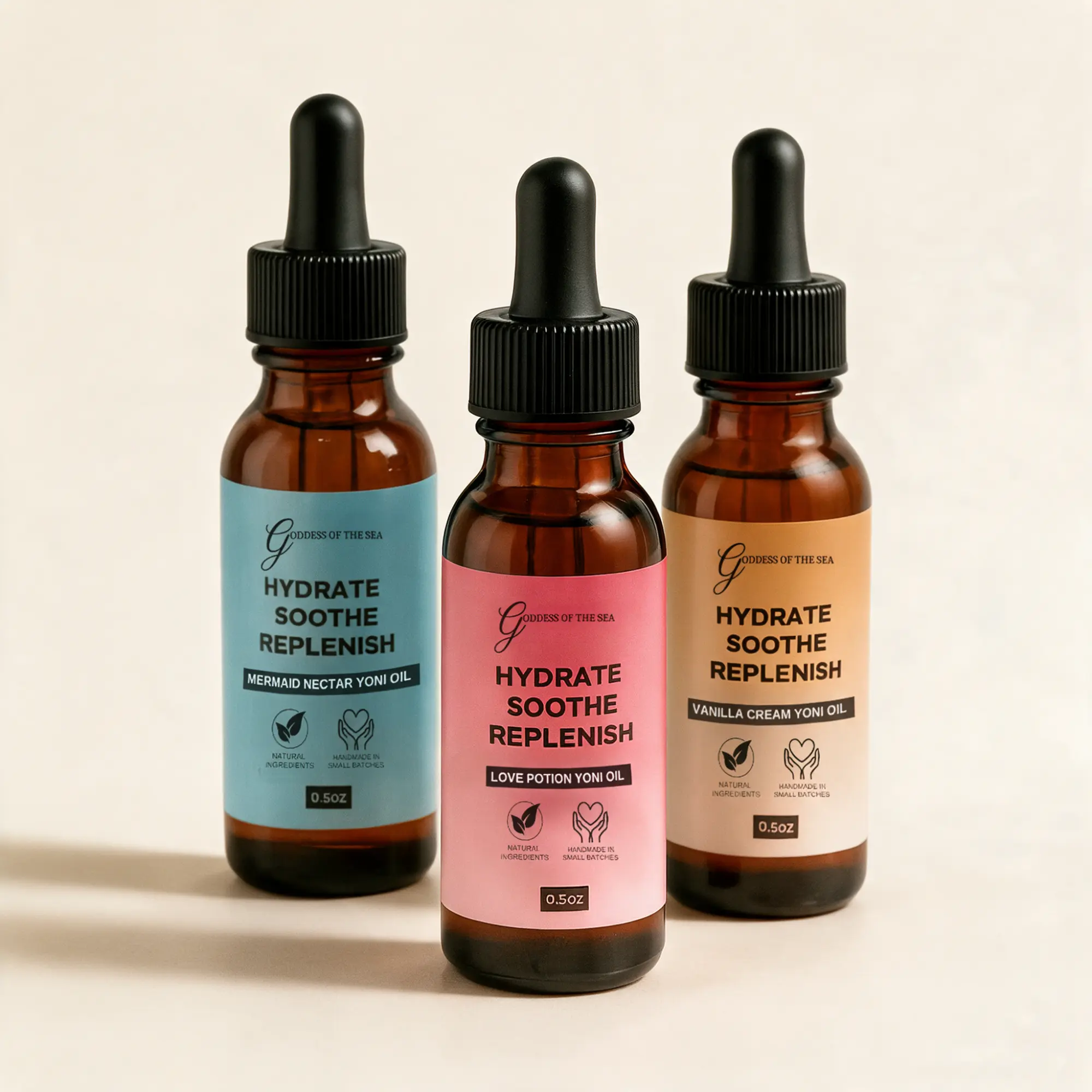 Yoni Oil Sample Discovery Bundle – Love Potion (Odor Control), Mermaid (Protection), Vanilla Cream (Sensitive Care) – 3 Travel Size Feminine Oils