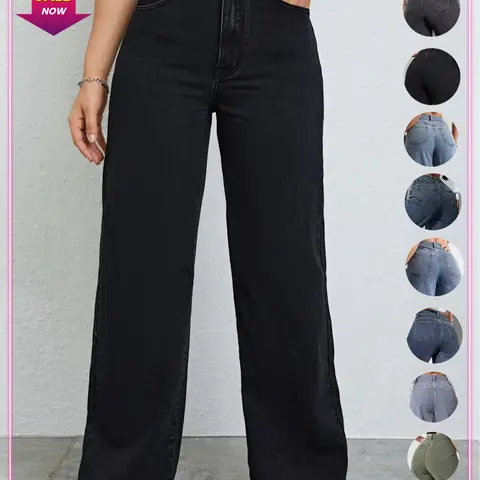 Women's High-Waisted Wide-Leg Jeans Pants, Loose-Fit Straight Leg, Classic Boyfriend Style, Casual Fashion, Perfect for Daily Wear