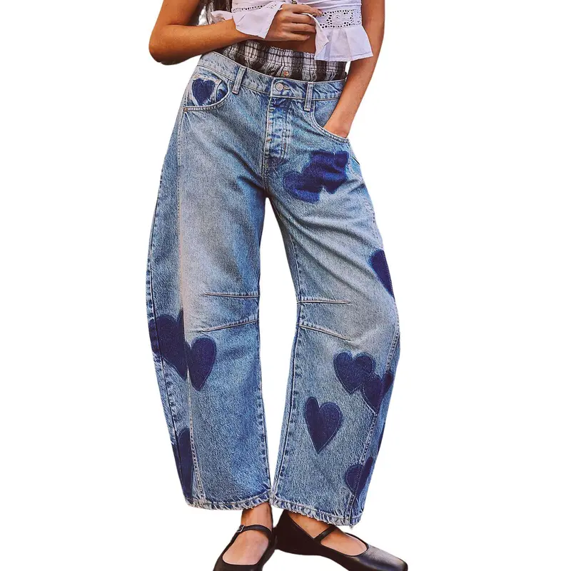Barrel Jeans Women Wide Leg Baggy Distressed Printed Boyfriend Horseshoe Denim Pants