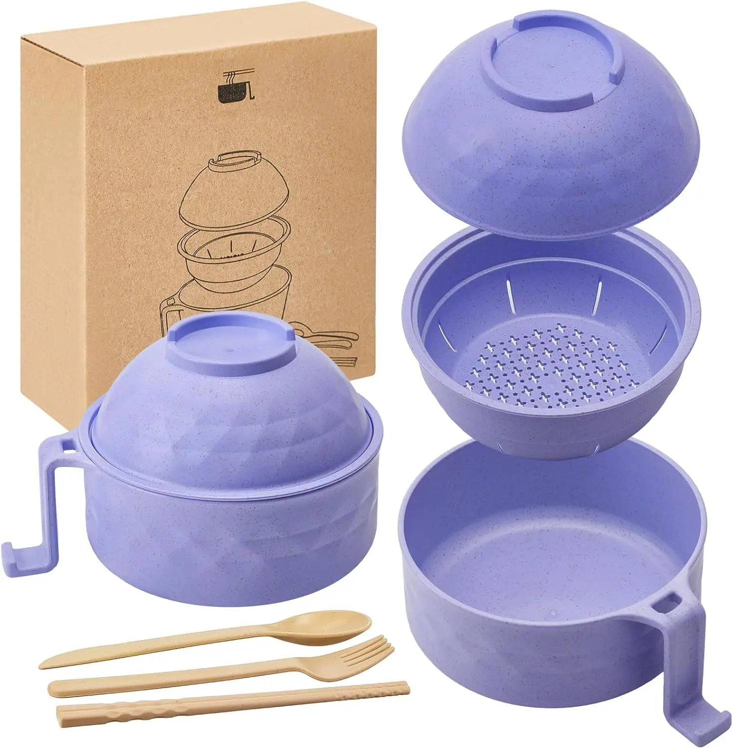 1 Set Microwave Ramen Cooker 33oz Wheat Straw Microwave Noodle Bowl Set with Chopsticks, Spoon, Fork, College Dorm Office Apartment Essentials (Purple)