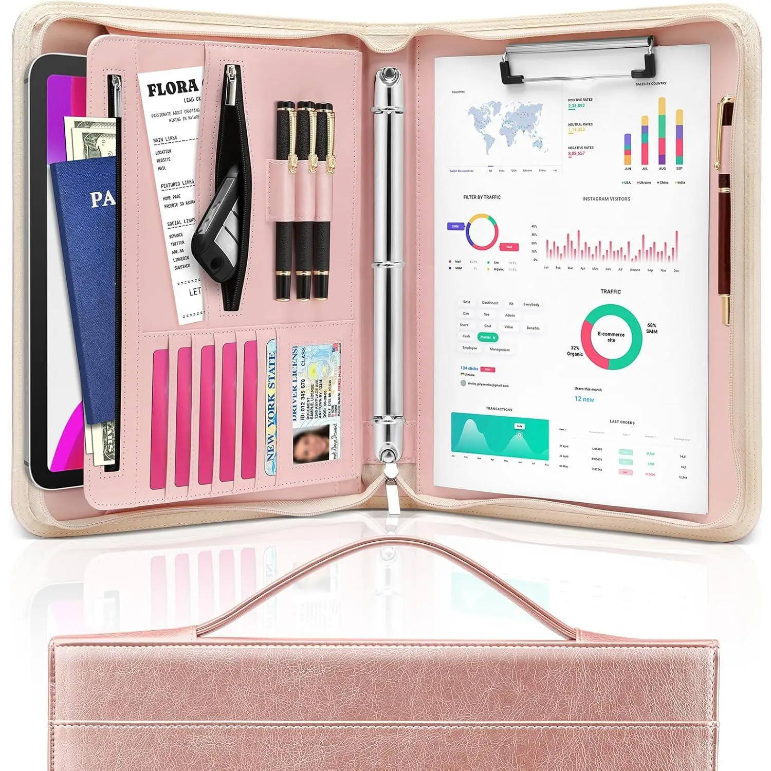 Multifunctional Stationery PU Leather 3-Ring Business Binder - Large Capacity Zippered Padfolio with Handle, Document Folder, Business Card Holder, A4 Writing Pad for College Graduates (Manufacturer Warranty)