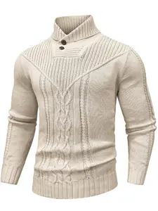 Men's Solid Plain Textured Button High Neck Cable Knit Sweater Pullover, Regular Fit Casual Long Sleeve Jumper for Fall & Winter, Men's Knitwear for Daily Wear