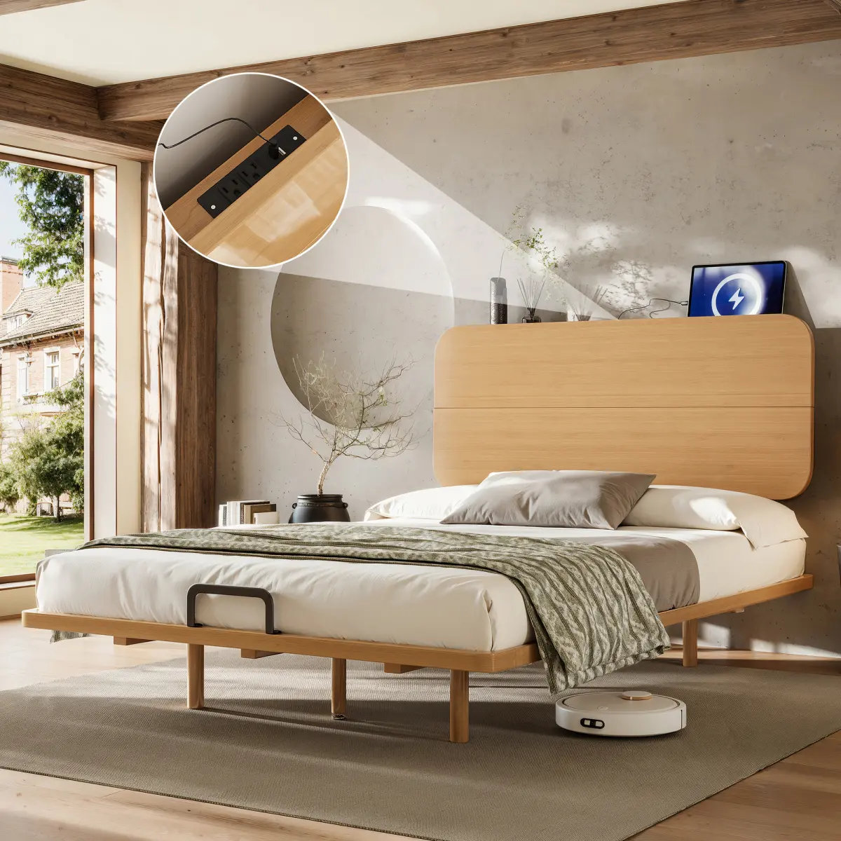 [Bellemave] Solid Bamboo Platform Bed with USB Ports, Floating Bed Frame with Headboard, No Box Spring Needed
