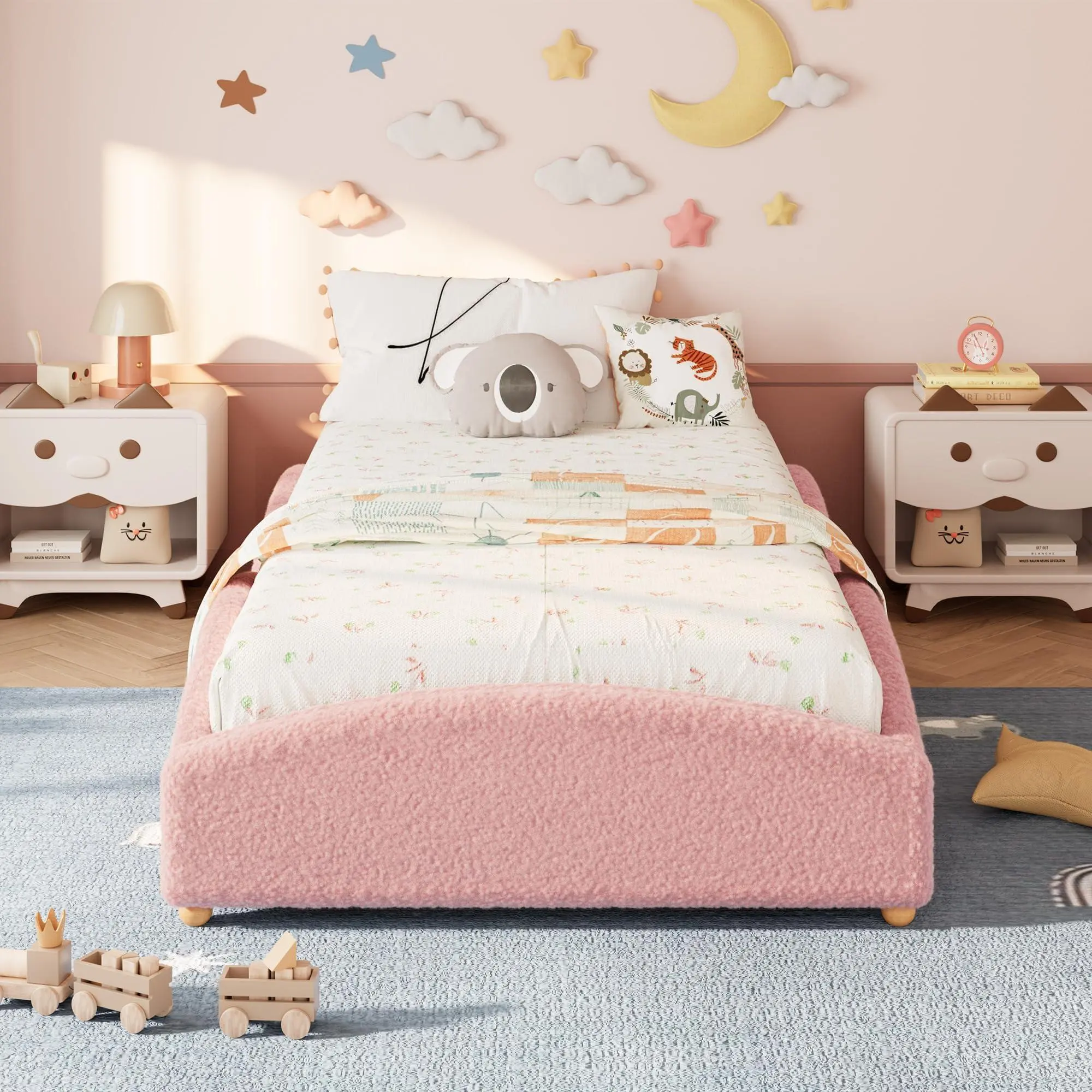 Twin Size Floor Bed Daybed for Kids with Upholstered Cloud Design, Raised Sides Secure Mattress Low Profile for Toddler Boy Girl, Pink