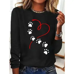 Y2k Fashion Long Sleeve T Shirt Heart Dog Paw Print T-shirt Cute Crew Neck Top for Spring Fall Women's Clothing