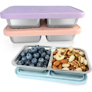 3 Pack 15 oz Stainless Steel Snack Containers for Kids, Reusable Metal Snack Containers with Silicone Lids, 2 Compartment Stackable Metal Toddler Lunch Box for Daycare, School and Outdoor